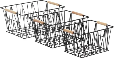 Productafbeelding van Draadmanden - Opbergmanden van metaaldraad - Set van 3 - Stapelbaar - Houten handvatten - Zwart