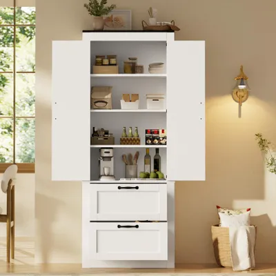Immagine prodotto di MODFU, mobiletto buffet alto, 60 x 30 x 168 cm, armadio contenitore con ripiani regolabili, mobile da cucina con 2 ante e 2 cassetti, bianco