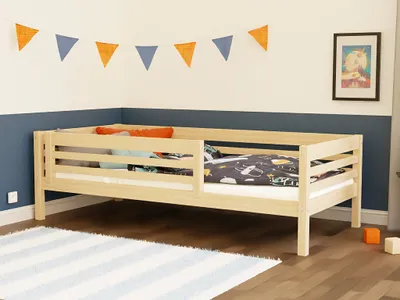 Produktbild von Hohes Kinderholzbett TULY mit Barriere 120x200 cm Transparente matte Wachslasur, Mit offenem Eingang