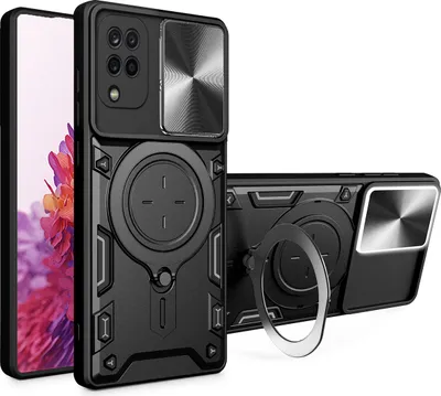 Produktbild von Handyhülle für Samsung Galaxy A12 Dual-Layer Stoßfest Rüstung Hülle mit Dia Kameraschutz und Kreisförmig Ring Ständer Schwarz