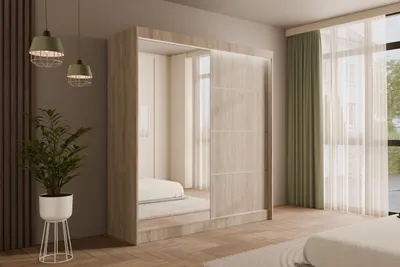 Produktbild von ALTDECOR Kleiderschrank mit Spiegel und Schiebetüren, kugelgelagerte Führungsschienen und Aluminium-Leisten, LED-Beleuchtung (weiß + 16 Farben) und Fernbedienung - PAOKI - 200 cm Sonoma