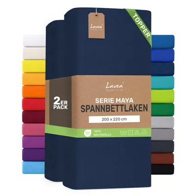 Produktbild von Lavea® 2er Pack Topper Spannbettlaken 200x220cm, Bettlaken aus 100% Baumwolle Jersey – Für Topper bis 10 cm Höhe – Weich, Galaxyblau