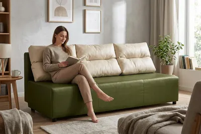 Produktbild von Schlafsofa KIMO Royal – mit Bettkasten, Webstoff in Weiß / Grün, Family Meble, KI-generiertes Bild