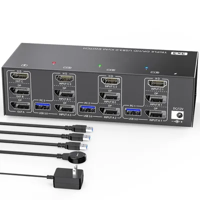 Obrázok produktu pre KCEVE KVM303DH Prepínač KVM kompatibilný s HDMI 3 in 3 out 8K@60Hz, 4K@144Hz Trojitý monitor USB 3.0 kompatibilný s HDMI+DP Prepínač pre klávesnicu, myš, U-Disk a tlačiareň Kompatibilný s Linux, Windows, Chrome OS, Mac OS