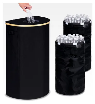 Produktbild von Pfandflaschen Sammelbehälter mit Deckel, 100L für die Aufbewahrung von Pfandflaschen, Schwarz, mit zwei Tragetaschen für Leergut und Altglas, Flaschensammler mit Silikonloch für die Küche