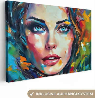 Produktbild von MuchoWow® - Leinwandbilder - Gesicht - Frau - Ölfarbe - Farbenfroh - Kunst, Wandbild, Wanddeko Bilder Wohnzimmer, 120x80 cm