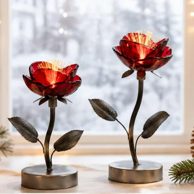 Produktbild von 2er Set LED Lampen Blüten H. 23 + 28cm rot silber aus Glas und Metall Formano