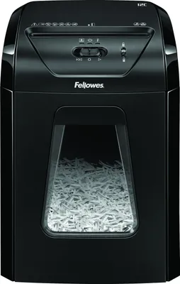 A black Fellowes Powershred 12C paper shredder is shown against a white background. The shredder has a window revealing shredded paper inside.
