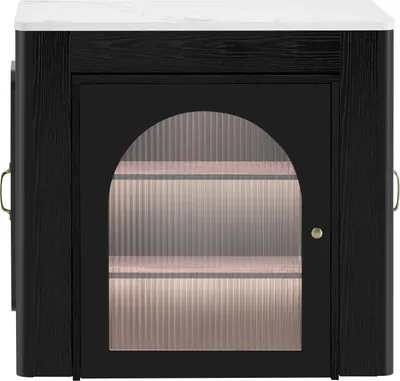 Produktbild von Merax Esstisch Kücheninsel mit Rollen, Ausziehbarer Esstisch mit Steckdosenleiste und LED, Multifunktionaler Servierwagen, Bartisch, Weiß+Schwarz