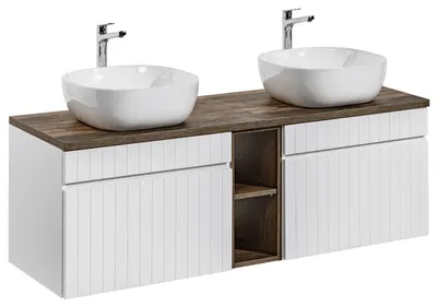 Zdjęcie produktu dla Zestaw Łazienkowy 180 Cm Biały Frez + Blat Dąb + 2 Umywalki Nablatowe