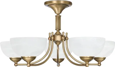 Produktbild von Kronleuchter Messing Goldpatina Alabaster-Glasschirm weiß matt Ø64x34cm 5xE27 300W Esszimmer Wohnzimmer klassisch elegant höhenverstellbar Decke