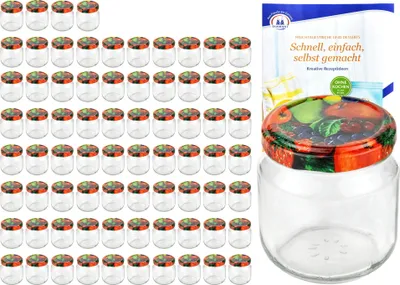 Zdjęcie produktu dla zestaw 75 okrągłych słoików 212 ml nieder To 66 słoików na owoce z dekoracyjnymi pokrywkami i książeczką z przepisami