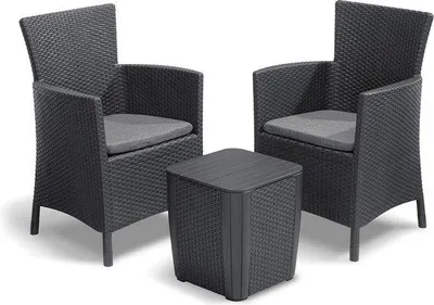 Produktbild von Graues 3-teiliges Balkonmöbelset mit Sitzkissen und Rattanoptik