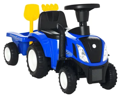 Image de Tracteur à bascule Kinder pour enfants de 12 à 36 mois - Tracteur à pousser sans pédales, avec remorque - Klaxon et phares - Pelle et râteau - Supporte un poids jusqu'à 25 kg - Bleu