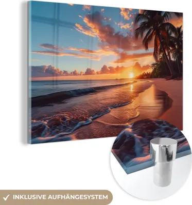Produktbild von MuchoWow Glasbilder - Bilder auf Wandbild - Foto auf Glas Sonnenuntergang - Palmen - Meer - Sonne - Strand 120x80 cm Wanddekoration aus Glas - Acrylglasbild - Acrylbilder - Abbildung