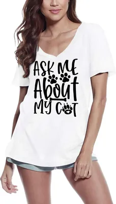 Produktbild von Damen Grafik T-Shirt V-Ausschnitt Fragen Sie mich nach meiner Katze – Ask Me About My Cat – Öko-Verantwortlich Vintage Jahrgang Kurzarm Lustige Druck