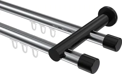 Produktbild von Interdeco Innenlaufstange / Gardinenstange mit Innenlauf Chrom / Schwarz, Typ Platon Santo (Kappe), 20 mm Ø 2-läufig, 240 cm