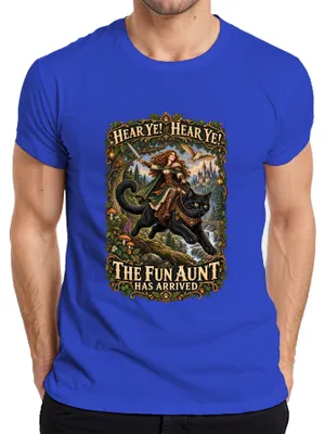 Produktbild von Hear Ye Hear Ye The Fun Aunt Has Arrived Tante Katze Fantasy Eule Herren T-Shirt, Blau, XL
