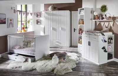 Produktbild von Babyzimmer-Komplettset "Borkum" in WEISS mit 4 Einlegeböden.