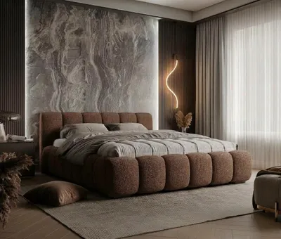 Produktbild von Polsterbett mit Bettkasten MILANO / Lambi 6 Braun / Schlaffläche 180 cm x 200 cm / Metallrahmen / Bett mit gepolstertem Kopfteil/ Bouclé, KI-generiertes Bild
