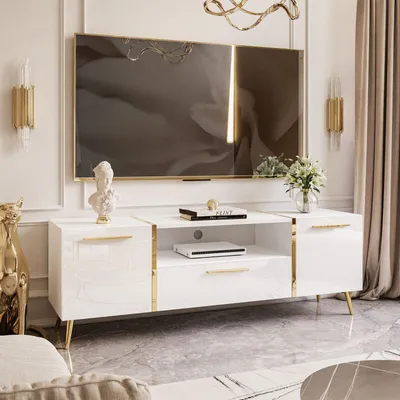 Produktbild von TV-Schrank ONYX auf goldenen Beinen Hochglanz 158 cm Weiß Weiß Hochglanz mit Griffen