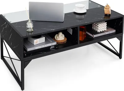 Image de COSTWAY Table basse LED brillante, table basse en marbre artificiel avec plateau en verre trempé, table d'accent moderne avec 4 compartiments de rangement Noir