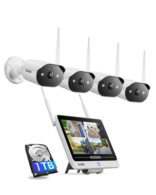 Produktbild von ZOSI 2K Wi-Fi 6 Überwachungskamera Set Aussen mit 12" Monitor NVR, 1TB HDD, 4X 3MP WLAN Kamera mit 2 Wege Audio, KI Personenerkennung, Farbnachtsicht