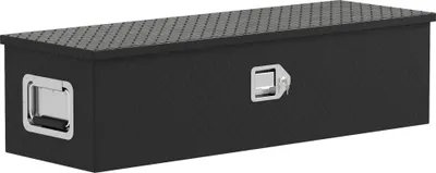 A black aluminum storage box with silver handles and a lock.