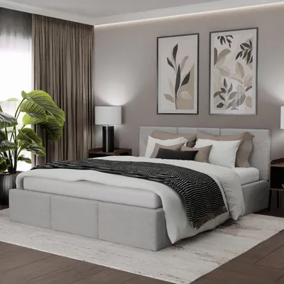 A bedroom scene with a bed, nightstands, and decor.