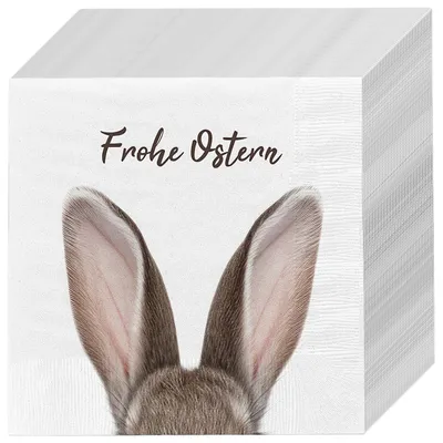Produktbild von Servietten 'Frohe Ostern' mit Hasenohren 80er Set 33x33cm 3-lagig Papierserviette weiß braun Hasenmotiv für Ostern stoffähnlich Tuch Tischdeko