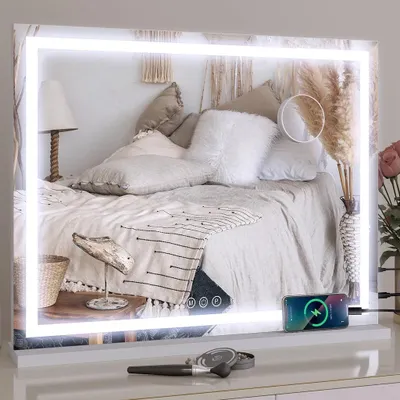 Produktbild von Schminkspiegel Kosmetikspiegel 58x45 cm Hollywood Spiegel, dimmbar mit LED Beleuchtung 3 Farben, 2 in 1 Tischspiegel Wandspiegel viereckig