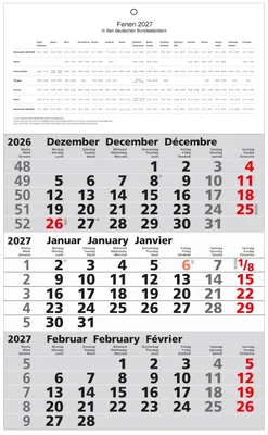 Produktbild von 3-Monatskalender 2027 dreisprachig mit Schulferienübersicht 30 x 49 cm
