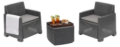Produktbild von Outdoor-Lounge-Set Dbelpan, Gartenkomposition mit 2 Sesseln und 1 Aufbewahrungstisch, Rattan-Effekt mit Kissen, 100 %  Italy, Anthrazit
