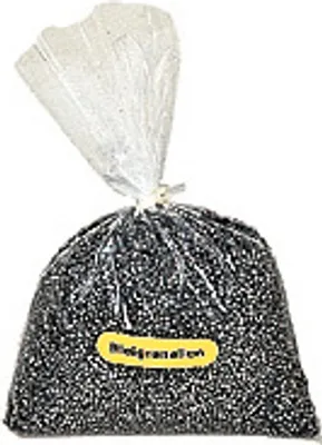 A bag of lead granules with a yellow label.