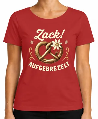 Imagen del producto de Camiseta para mujer, diseño , con motivos de pretzels, trajes tradicionales, edelweiss y la palabra "Wiesn" (término bávaro para la ), color rojo, talla M