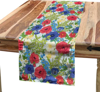 Obrázek produktu pro ABAKUHAUS Květinový ubrus, botanický vintage motiv máků, narcisů a anemonů na pruhovaném pozadí, 40 x 180 cm, vícebarevný