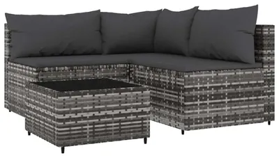 Produktbild von Poly Rattan Sitzgruppe Gartenmöbel Set mit Tisch und Stühlen für Terrasse Balkon wetterfest mit Sitzkissen und verstellbaren Füßen Eckteil + 2x Mittelteil + Tisch Grau
