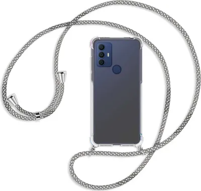 Produktbild von Handykette Backcover-Schutzhülle mit Band (Metall silberfarben) für TCL 30 SE, TCL 305, TCL 306 - weiß/grau kariert
