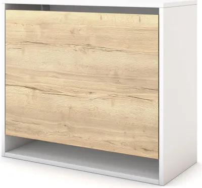 A white cabinet with a light wood grain front panel and a shelf underneath.