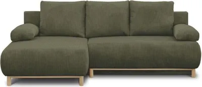 Image de Canapé d'angle convertible gauche MIKA, 3 places, Tissu velours côtelé vert kaki, Coffre de rangement, 192 x 84 x 93 cm