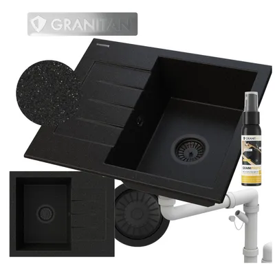 Obrázok produktu pre Granitan – granitový drez – kuchynský drez – drez 57 × 46 cm – čierny – so sifónom a odkvapkávacou plochou – MILANO