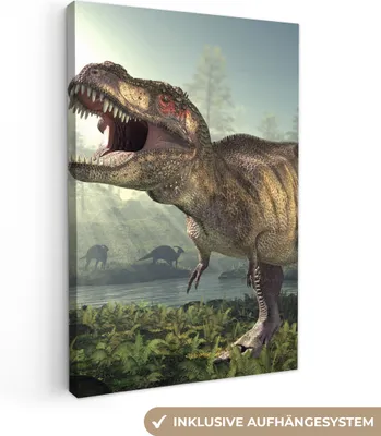 Produktbild von MuchoWow® - Leinwandbilder - Dino - Gras - Zeichnung - Kinder - Jungen, Wandbild, Wanddeko Bilder Wohnzimmer, 80x120 cm