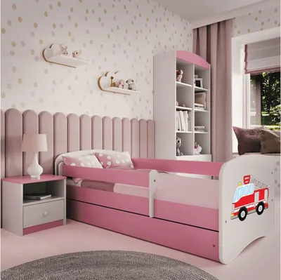 Produktbild von Babybett mit Feuerwehrmotiv, 80 x 160 cm, puderrosa, mit Schublade und ohne Matratze