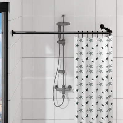 Productafbeelding van Unyqoos® Verstelbare L-vormige douchegordijnstang van roestvrij staal, 61–175 cm, plafondbevestiging 150 cm, 12 ringen, draagvermogen tot 15 kg, zilverkleurig