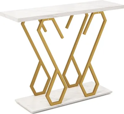 Produktbild von Konsolentisch aus Kunstmarmor Foyertisch mit Verstellbaren Fußpolstern Weiß und Gold