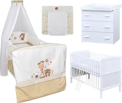 Produktbild von Baby-Delux Babyzimmer Babybett Wickelkommode Weiss Bettwäsche Komplett Set Safari