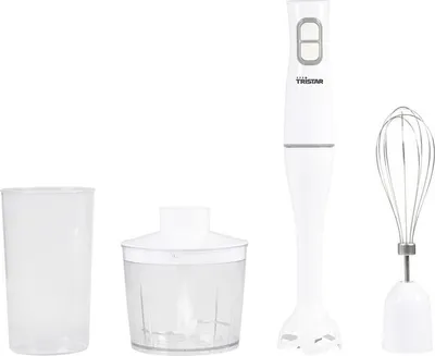 A white hand blender with accessories on a white background.