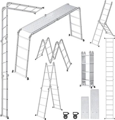 Imagen del producto de Escalera multifunción 6 en 1, de 4,7 metros, plegable. Escalera de aluminio, andamio, escalera plegable, escalera de trabajo con 2 ruedas y plataforma. Escalera combinada multifuncional, escalera de acceso. Capacidad de carga hasta 150 kg