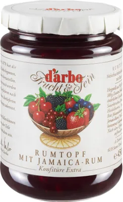 Produktbild von Food-United KONFITÜRE-EXTRA mit Alkohol 1% Jamaica Rum 6x 450g von DARBO Naturrein Rumtopf-Konfitüre fruchtiger rum pot jam perfekt für Brot und Brötchen Früchte-Füllungen-Kuchen Torten Quark Porridge Puddings Eiscremes Gebäck