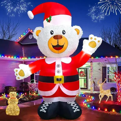 Produktbild von Opblaasbare Kerstbeer 240 cm mit Weihnachtsmann Hut - Plüschige Weihnachtsbeere für den Winter - Xmas Dekoration für Innen und Außen - Feiertagsartikel für den Haushalt und den Garten - Weihnachtsdekoration für Rasen - 8 Fuß lang